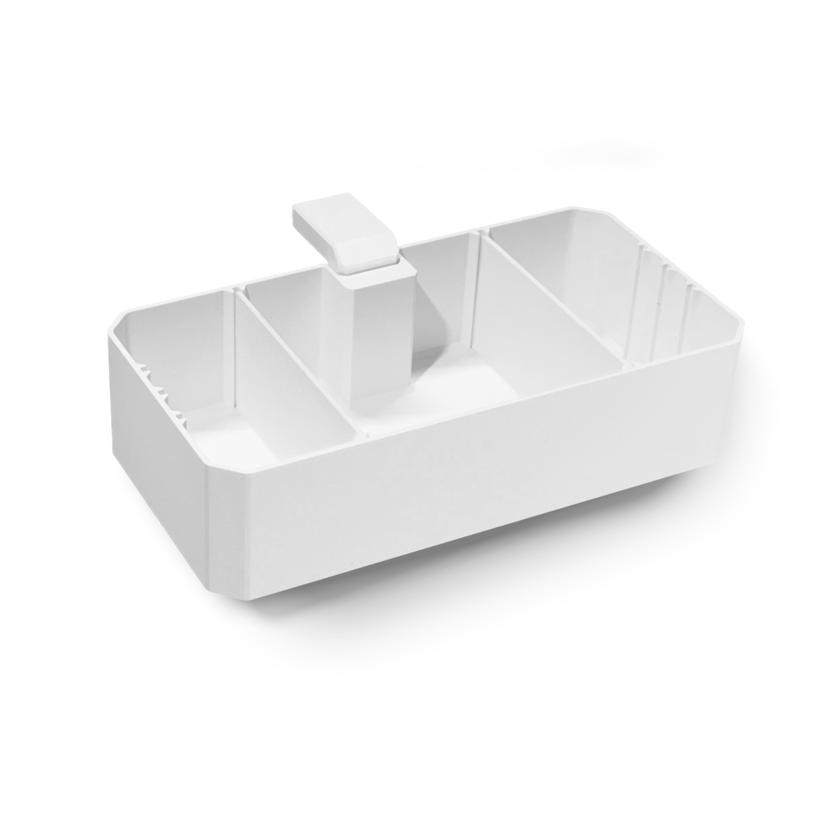 White wide Table Caddy craft organizing bin and mounting clamp for table shown with short dividers.