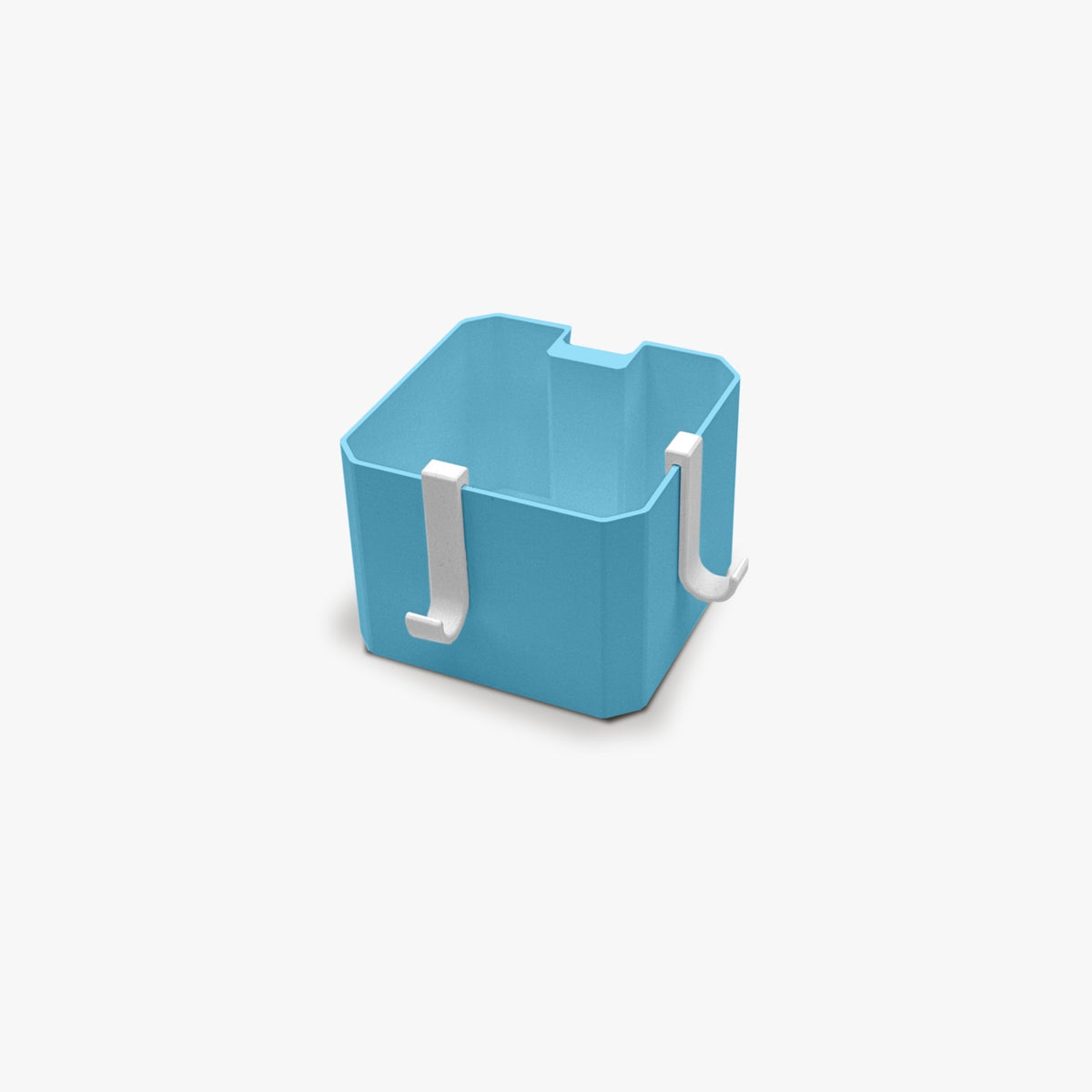 FŪTL Sidekick Hooks in white attached to the edges of a blue square Table Caddy bin for convenient storage