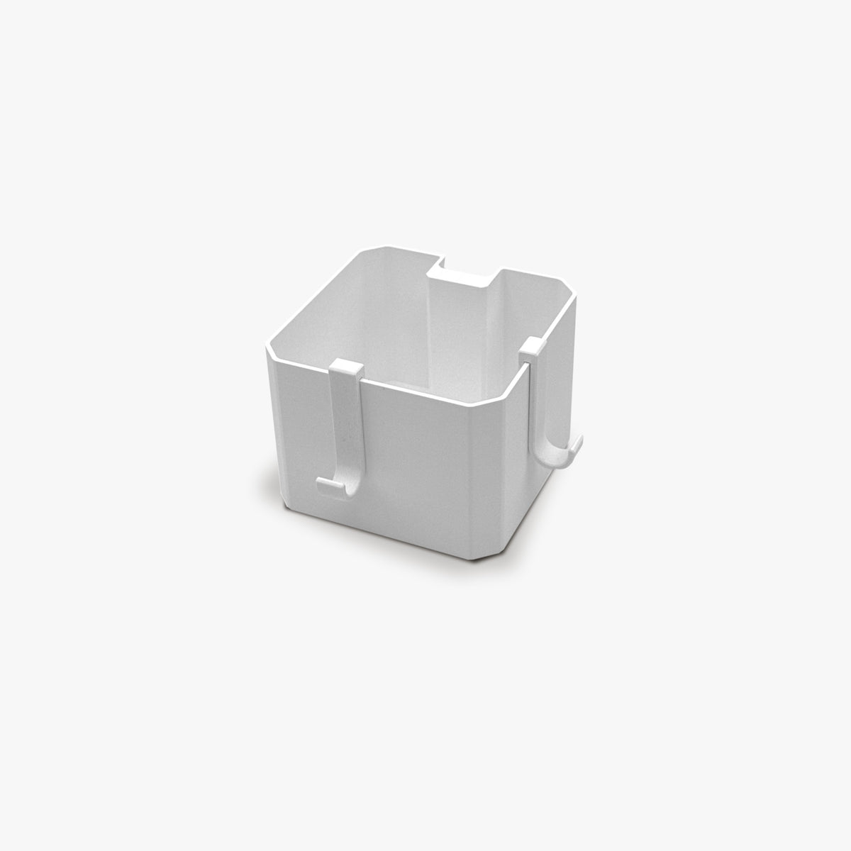 FŪTL Sidekick Hooks attached to a white square table caddy bin for convenient storage
